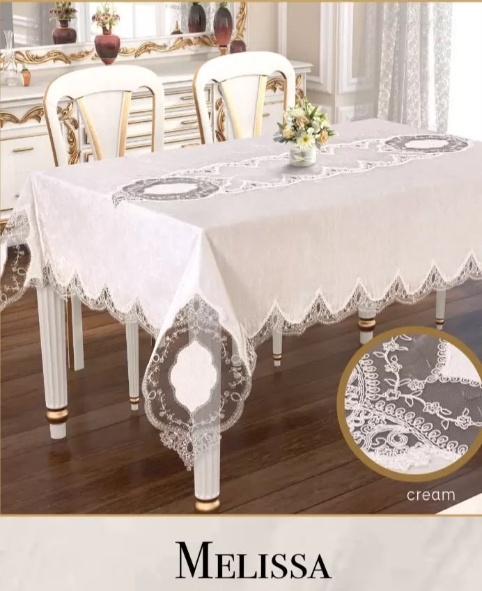Velvet Kadife Tek Masa Örtüsü 160x350 cm Dantelli Yemek Masası Örtüsü Melissa Model Krem