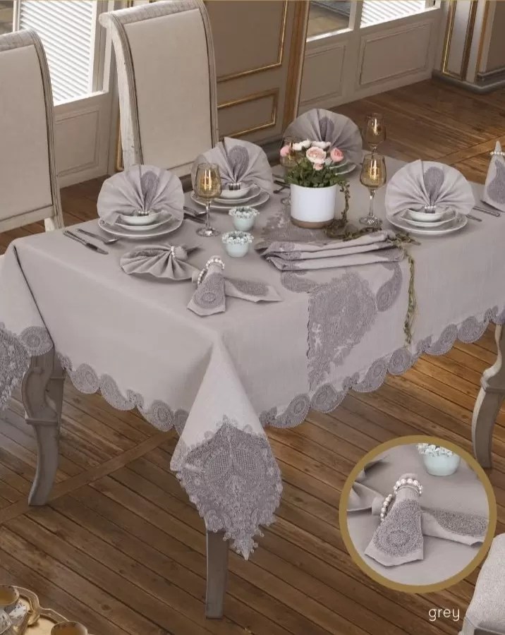 Zambak Gardenya Keten Yemek Takımı Masa Seti 12 Kişilik 26 Parça Supla Runner Set Gri
