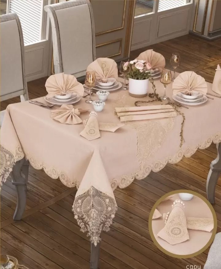 Zambak Gardenya Keten Yemek Takımı Masa Seti 12 Kişilik 26 Parça Supla Runner Set Kapiçino