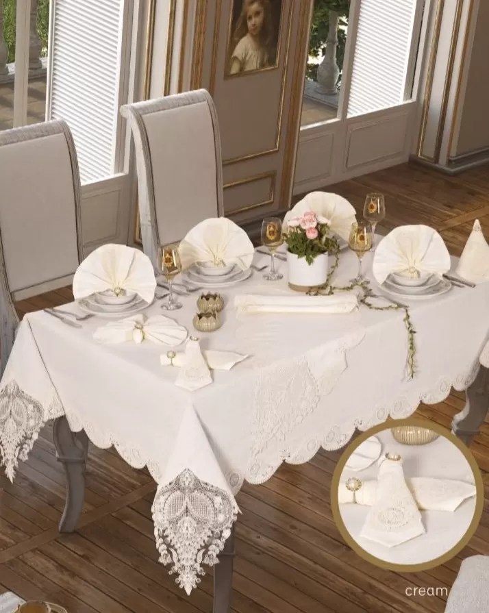Zambak Gardenya Keten Yemek Takımı Masa Seti 12 Kişilik 26 Parça Supla Runner Set Krem