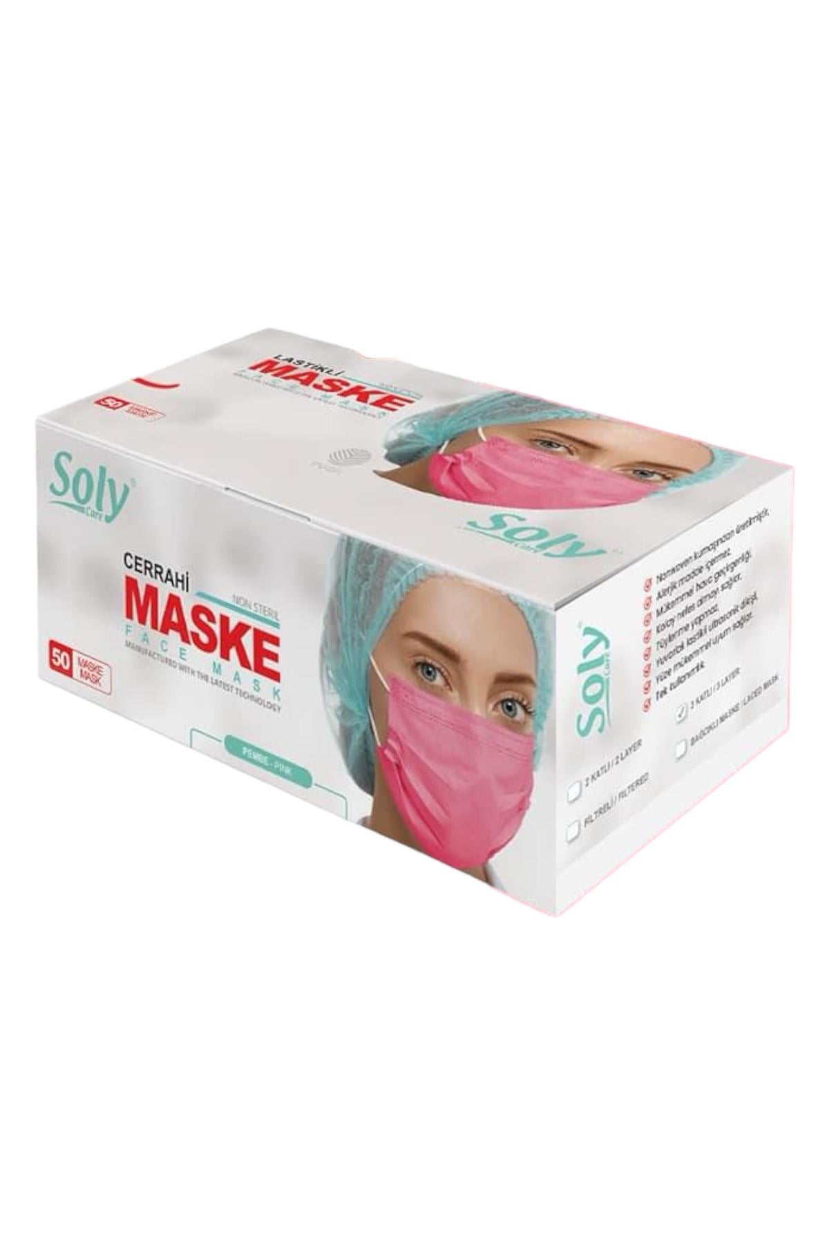Solycare Pembe 3 Katlı Meltblown Filtreli Maske 50'Li