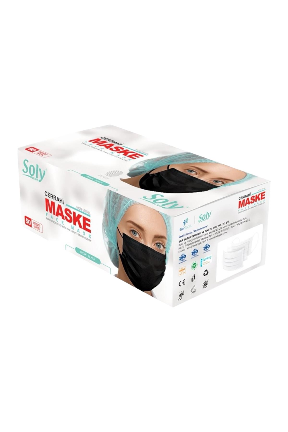 Solycare Siyah 3 Katlı Meltblown Filtreli Maske 50'Li