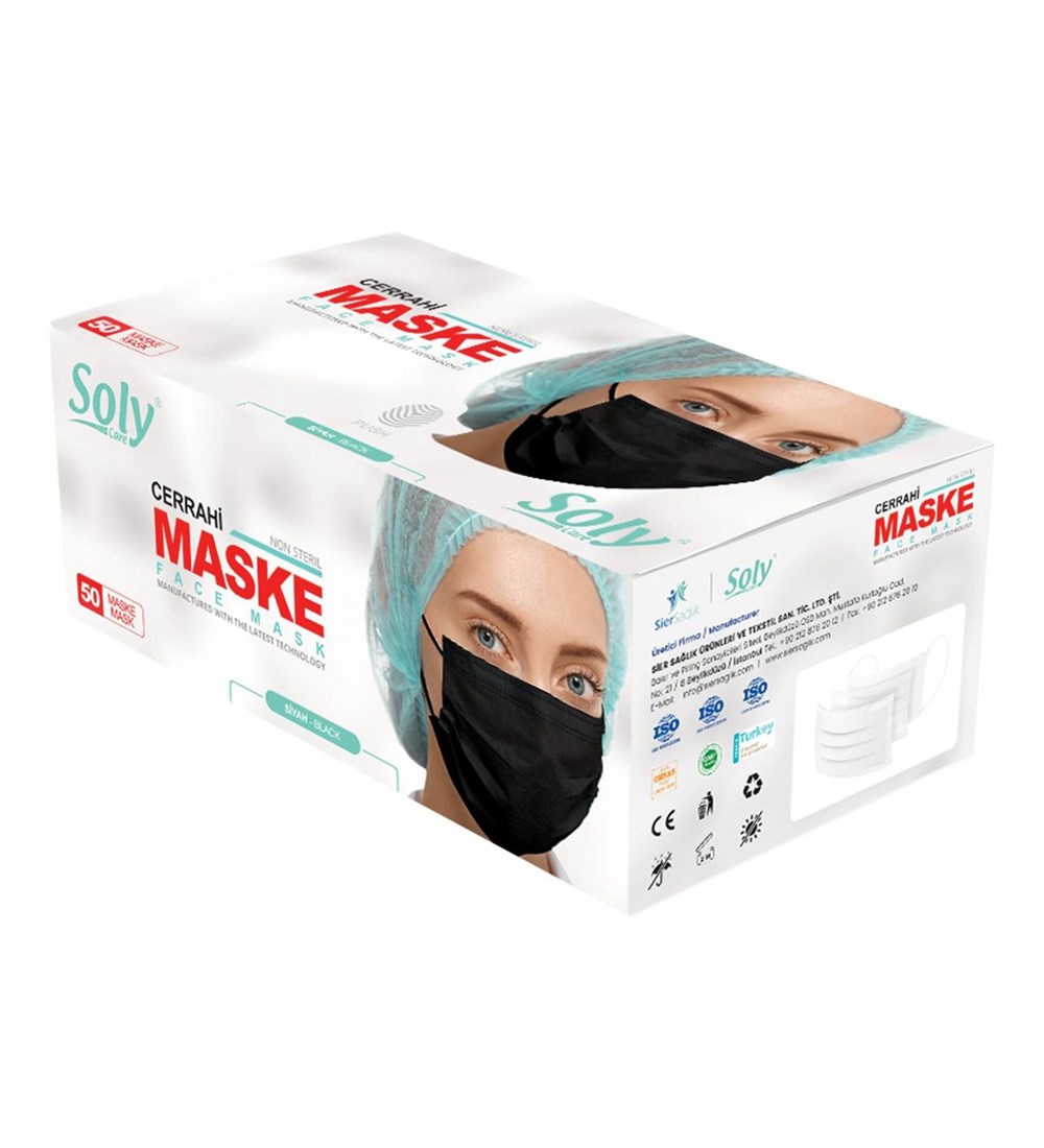 Soly Care 3 Katlı Cerrahi Maske Siyah Lisanslı