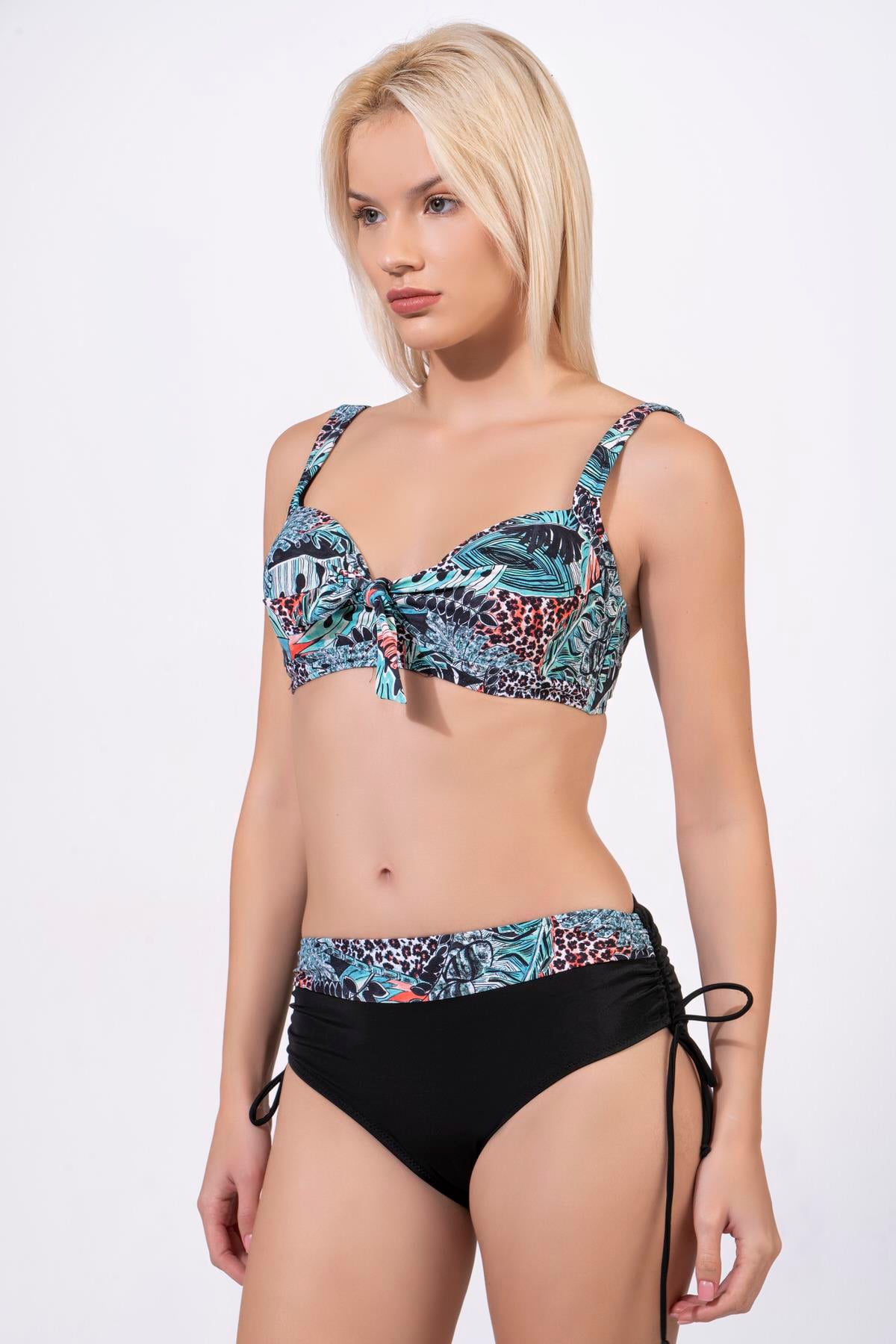 Endeep Kadın Büyük Beden Balenli Destekli Açık Mavi Desenli Bikini Takımı