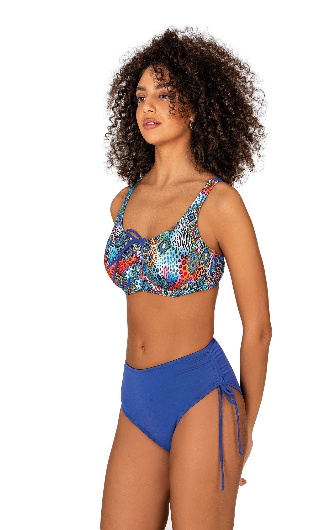 Endeep Kadın Büyük Beden Balenli Destekli Bağlama Detaylı Mavi Desenli Bikini Takımı