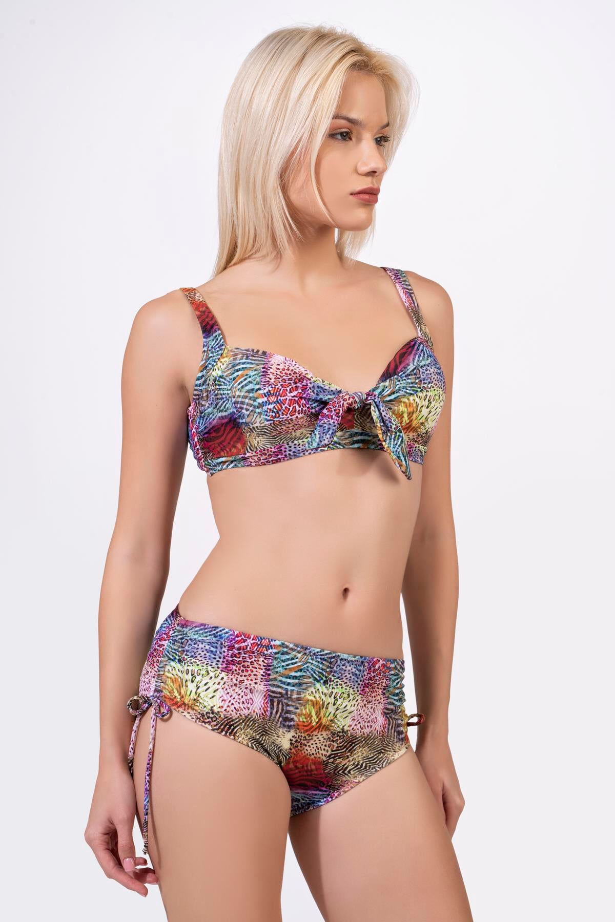Endeep Kadın Büyük Beden Balenli Destekli Sarı Pembe Desenli Bikini Takımı