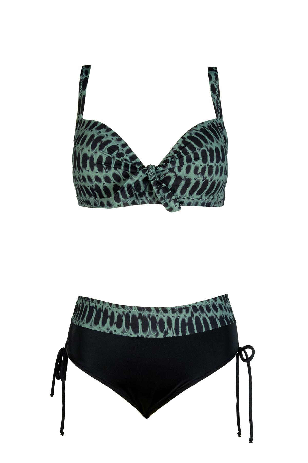 Endeep Kadın Büyük Beden Balenli Destekli Su Yeşili Desenli Bikini Takımı