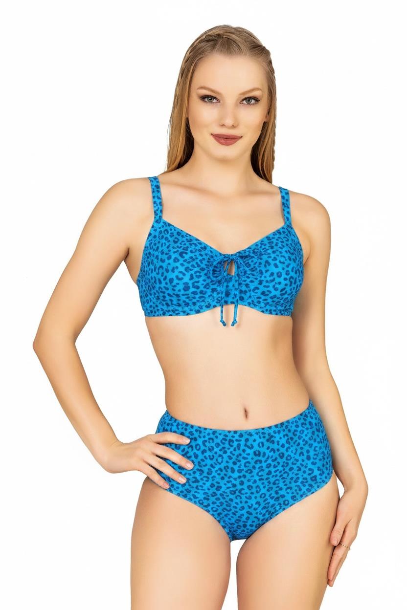 Endeep Kadın Balenli Destekli Büyük Beden Mavi Yüksek Bel Bikini Takımı
