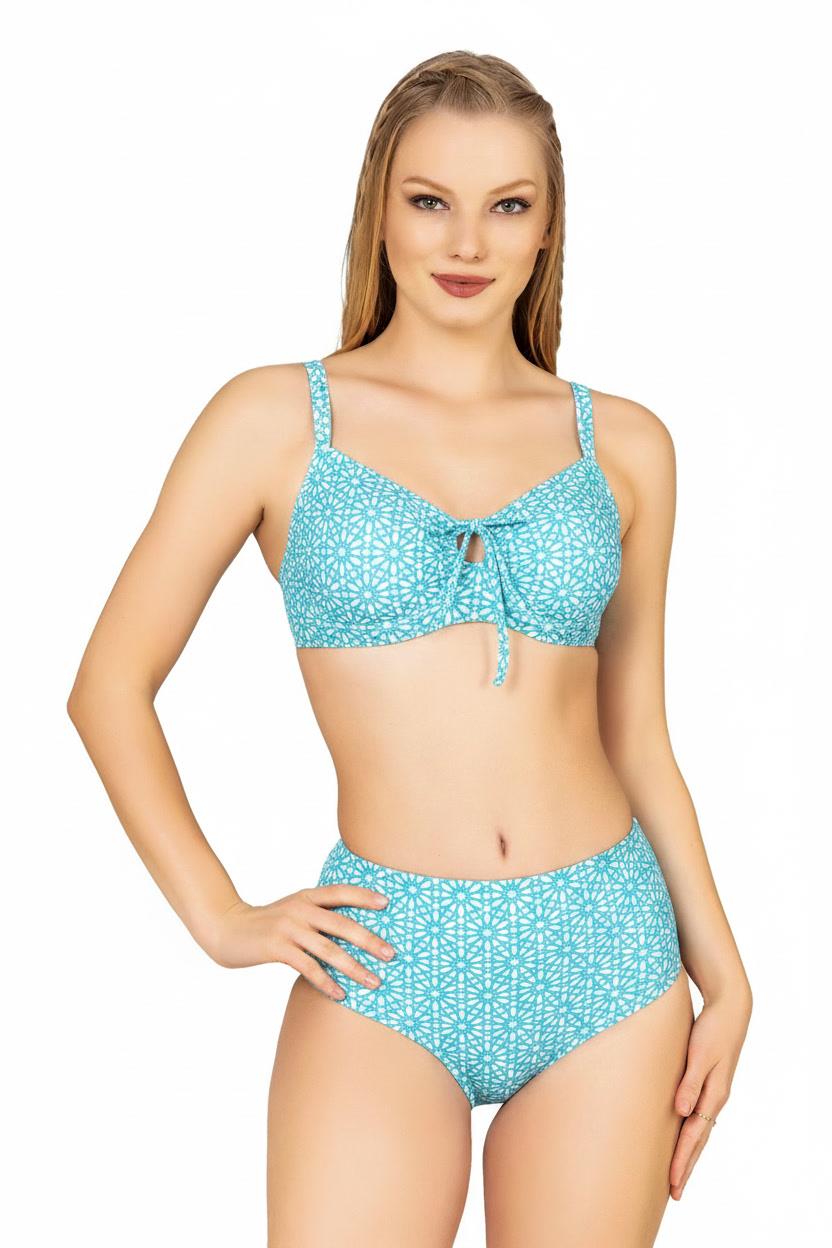 Endeep Kadın Balenli Destekli Büyük Beden Açık Mavi Yüksek Bel Bikini Takımı