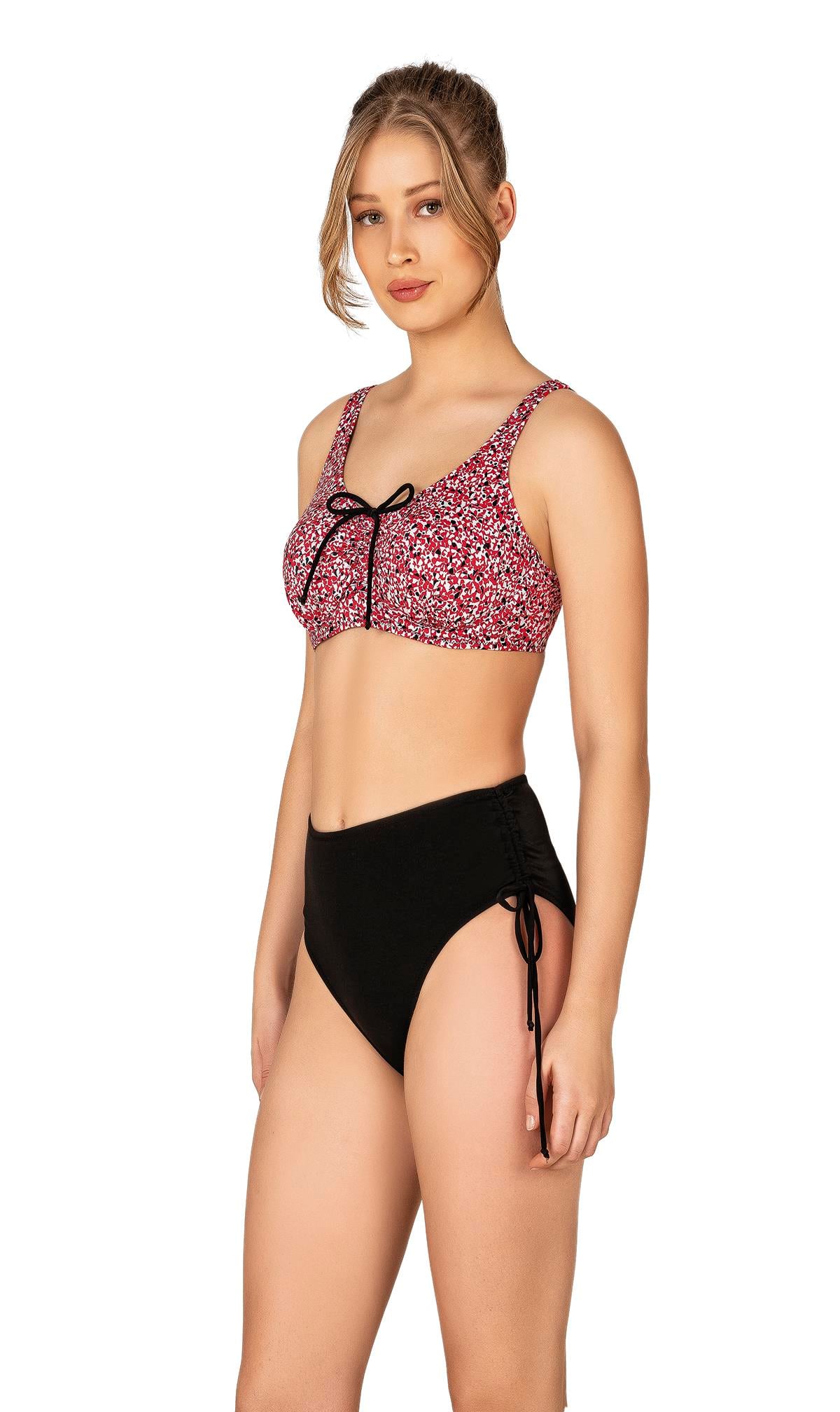 Endeep Kadın Büyük Beden Balenli Destekli Bağlama Detaylı Kırmızı Desenli Bikini Takımı