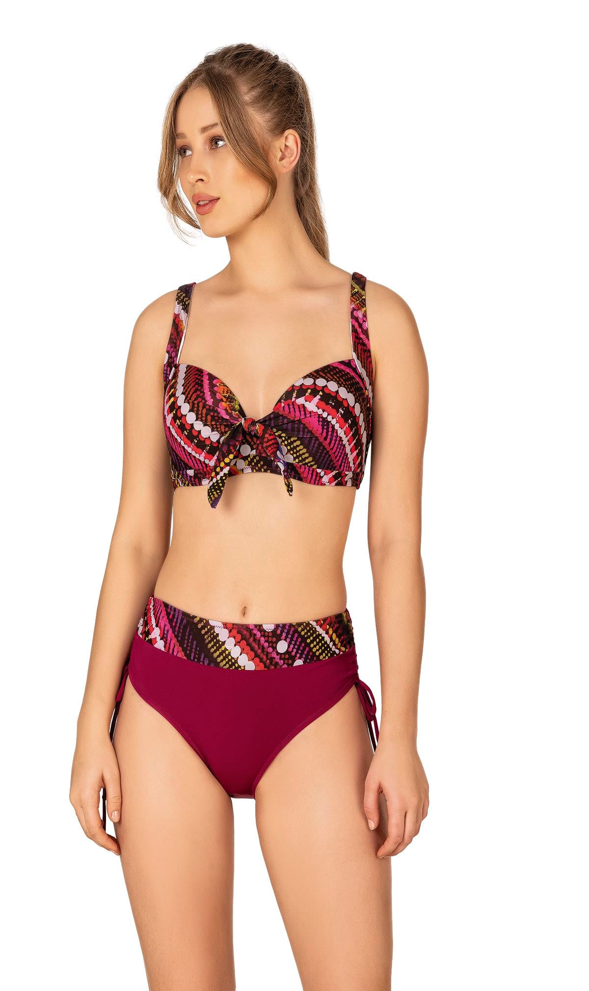 Endeep Kadın Büyük Beden Balenli Destekli Bordo Desenli Bikini Takımı