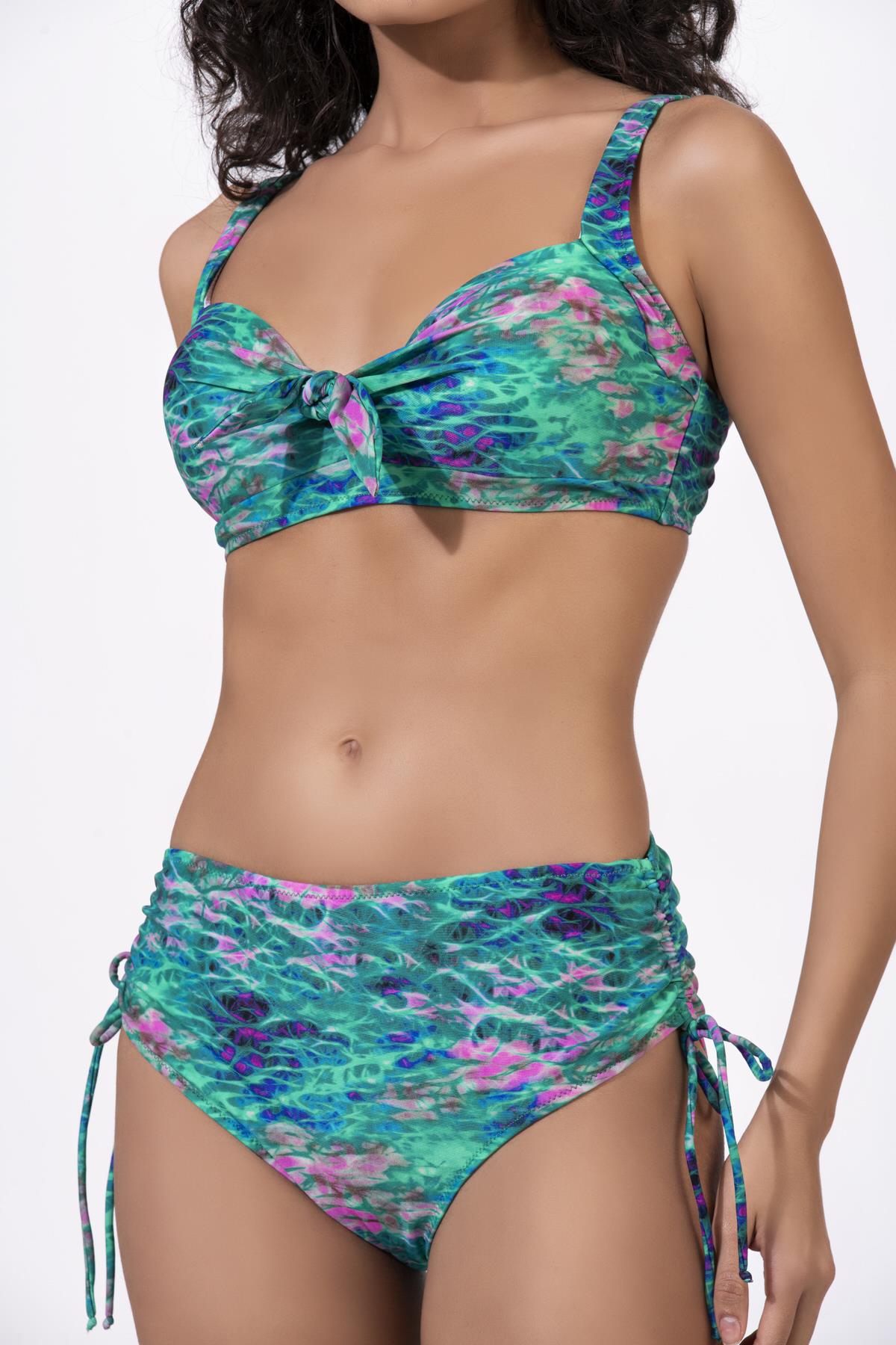 Endeep Kadın Büyük Beden Balenli Destekli Yeşil Mavi Desenli Bikini Takımı