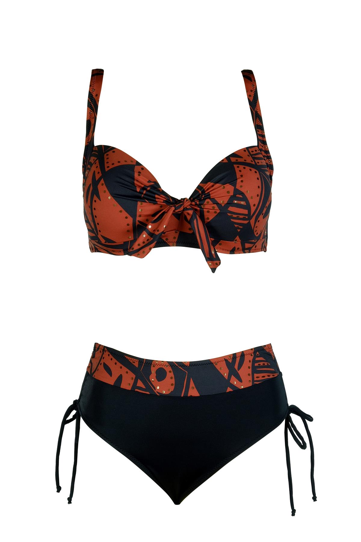 Endeep Kadın Büyük Beden Balenli Destekli Kahverengi Desenli Bikini Takımı
