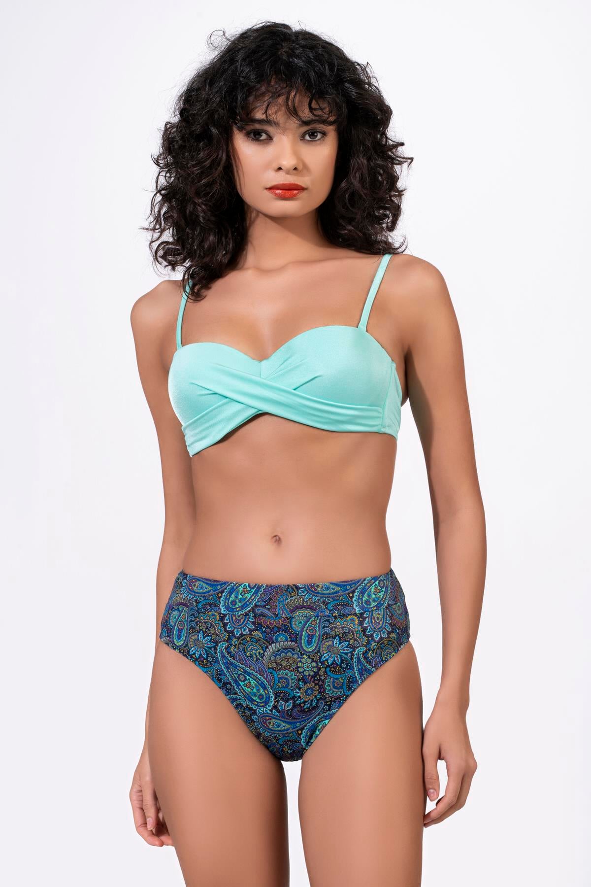 Endeep Kadın Desenli Yüksek Bel Çapraz Detaylı Destekli Bikini Takımı