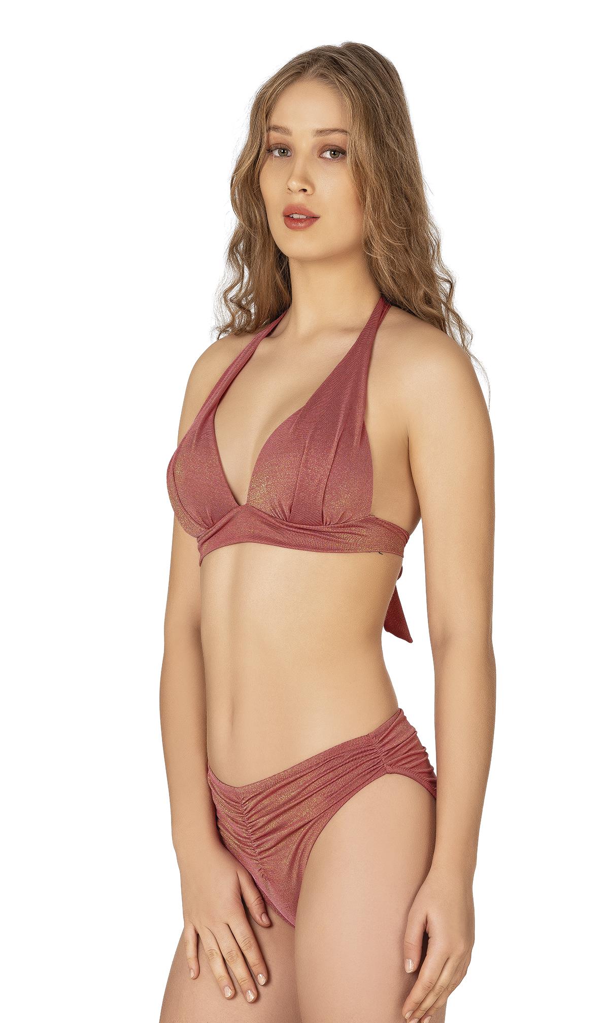 Endeep Kadın Ön Büzgü Detaylı Yarım Dolgulu Simli Pembe Bikini Takımı