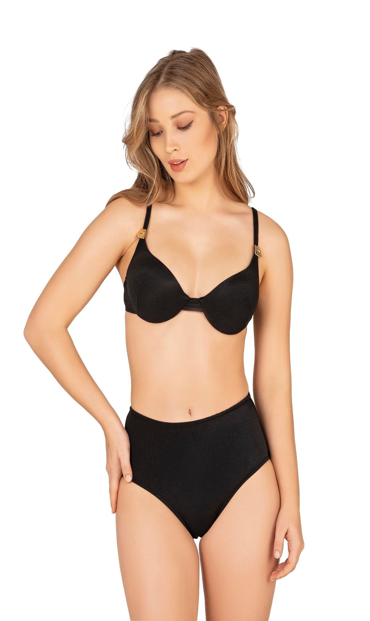 Endeep Kadın Yüksek Bel Aksesuarlı Fitilli Dokulu Bikini Takımı