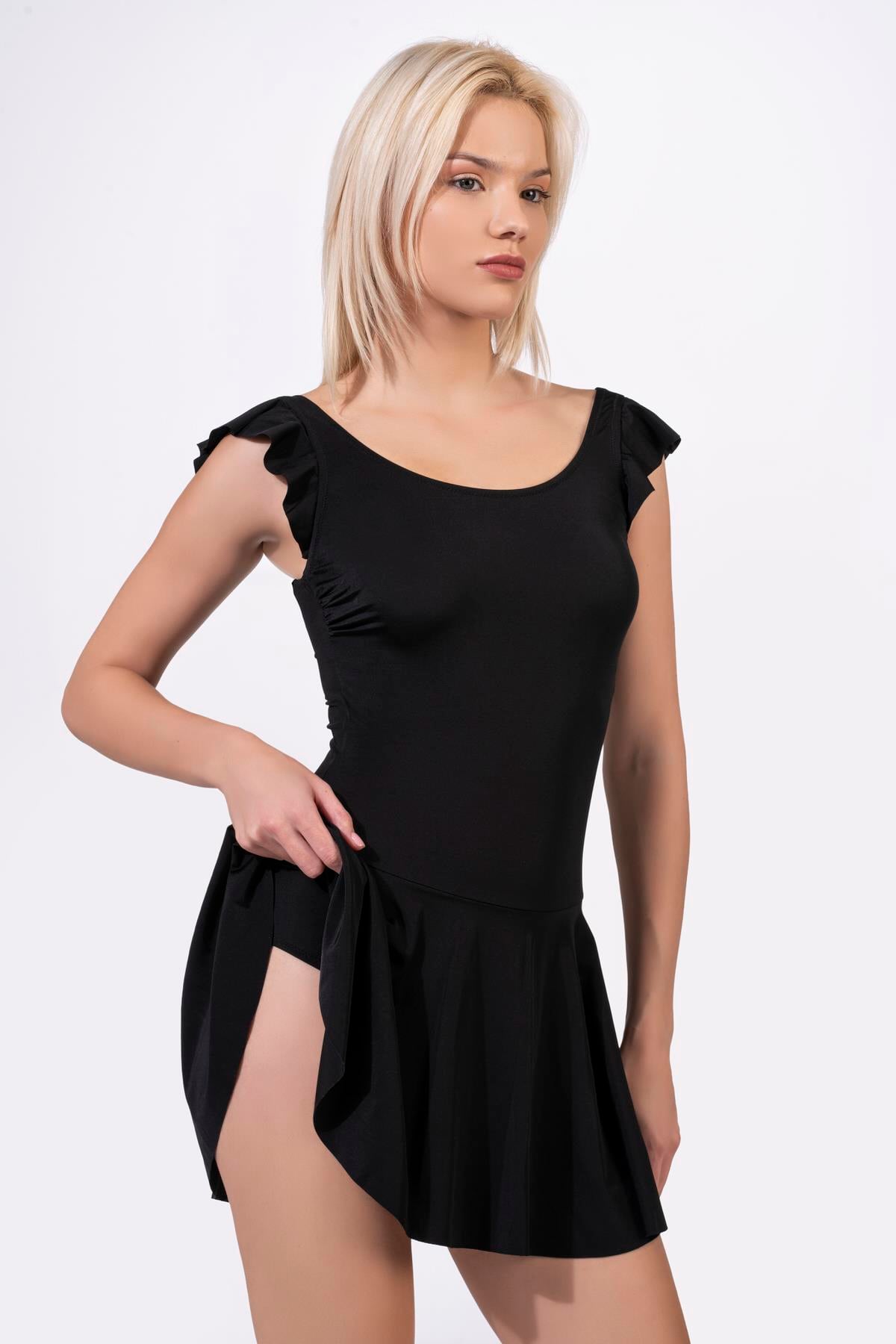 Endeep Kadın Fırfır Detaylı Etekli Siyah Mayo