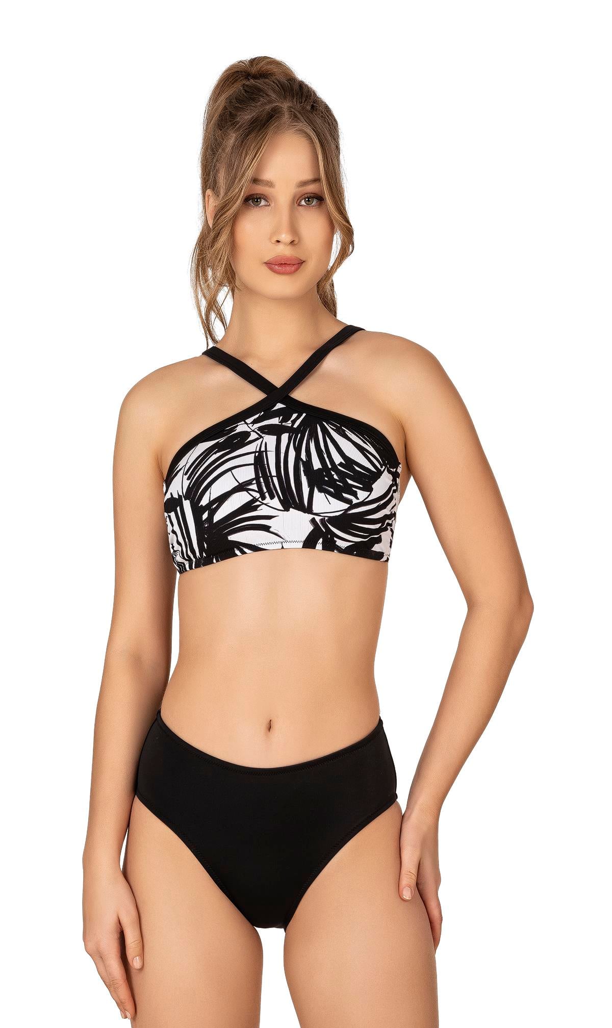 Endeep Kadın Halter Yaka Siyah Beyaz Desenli Bikini Takımı