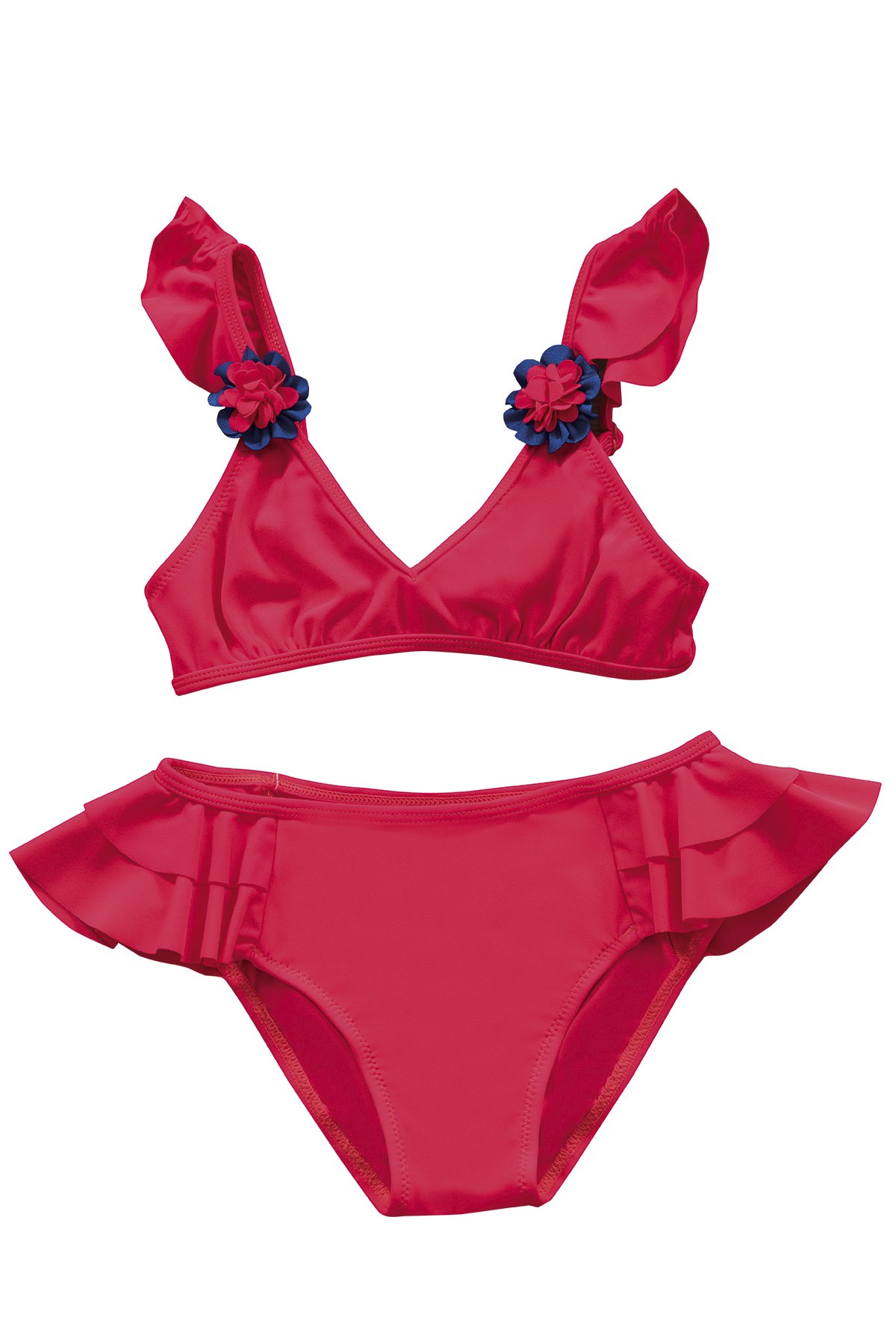 Endeep Kız Çocuk Kırmızı Aksesuar Detaylı Volanlı Bikini Takımı