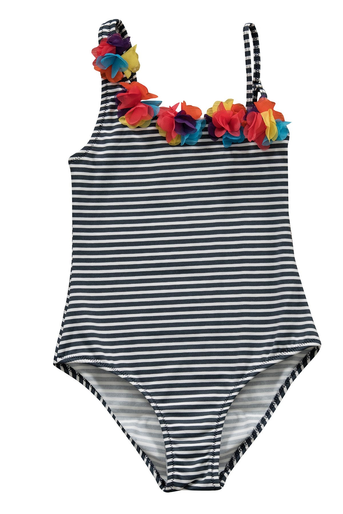 Kız Çocuk Tek Omuz Siyah Çizgili Aksesuarlı Mayo