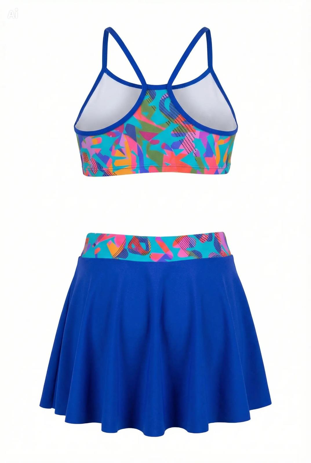 Endeep Kız Çocuk Mavi Bustiyer Etekli İki Parça Desenli Desenli Mayo Bikini Takımı