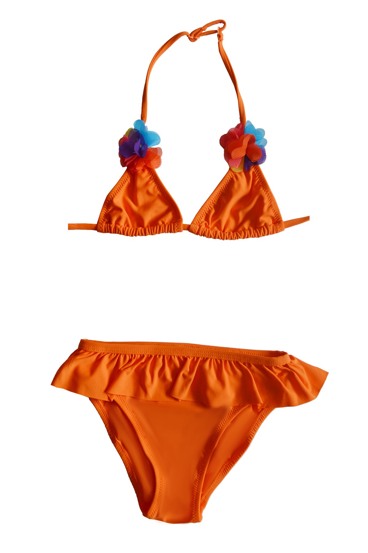 Aksesuar Detaylı Fırfırlı Turuncu Üçgen Bikini Takımı