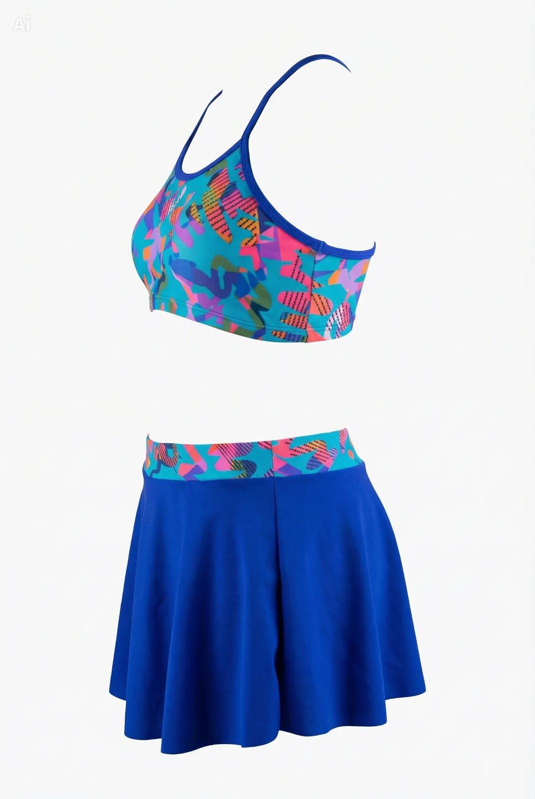 Endeep Kız Çocuk Mavi Bustiyer Etekli İki Parça Desenli Desenli Mayo Bikini Takımı