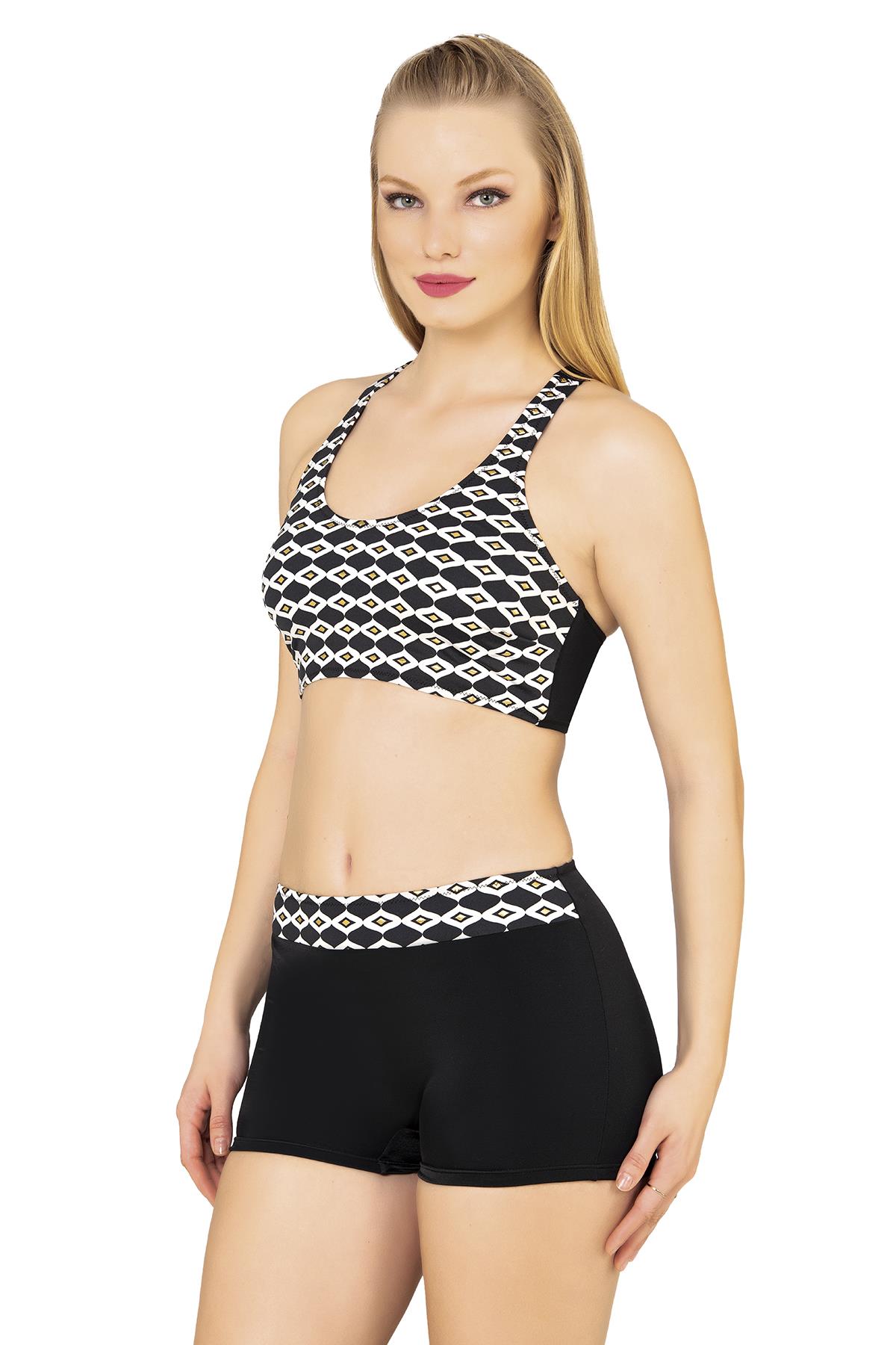 Endeep Kadın Geometrik Desenli Toparlayıcı Şortlu Bikini Takımı