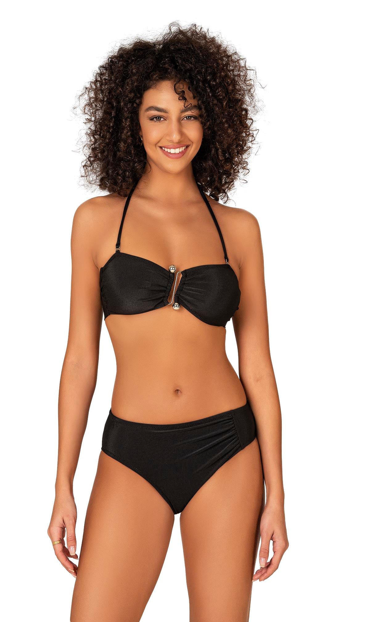 Endeep Kadın Aksesuarlı Fitilli Dokulu Siyah Bikini Takımı