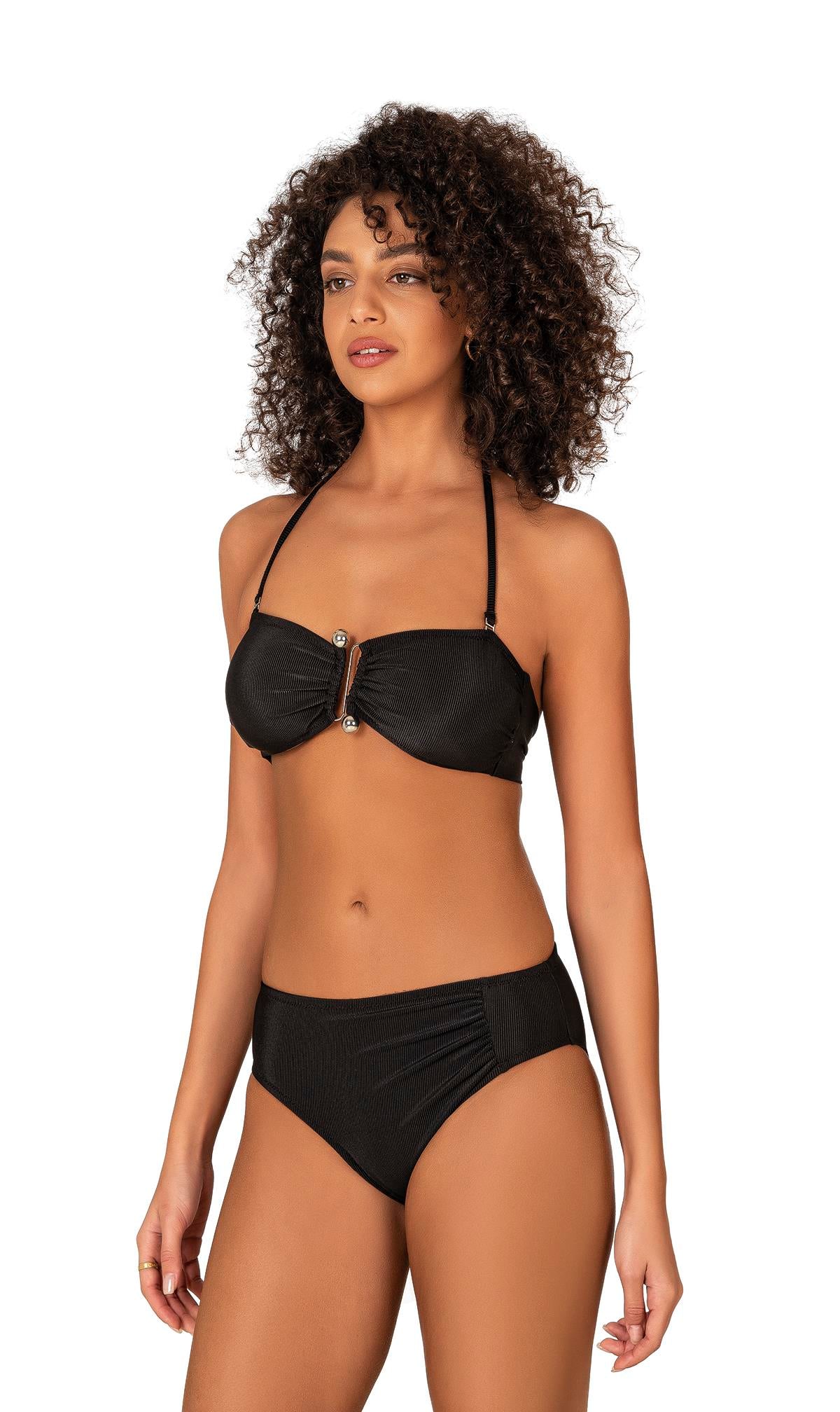 Endeep Kadın Aksesuarlı Fitilli Dokulu Siyah Bikini Takımı