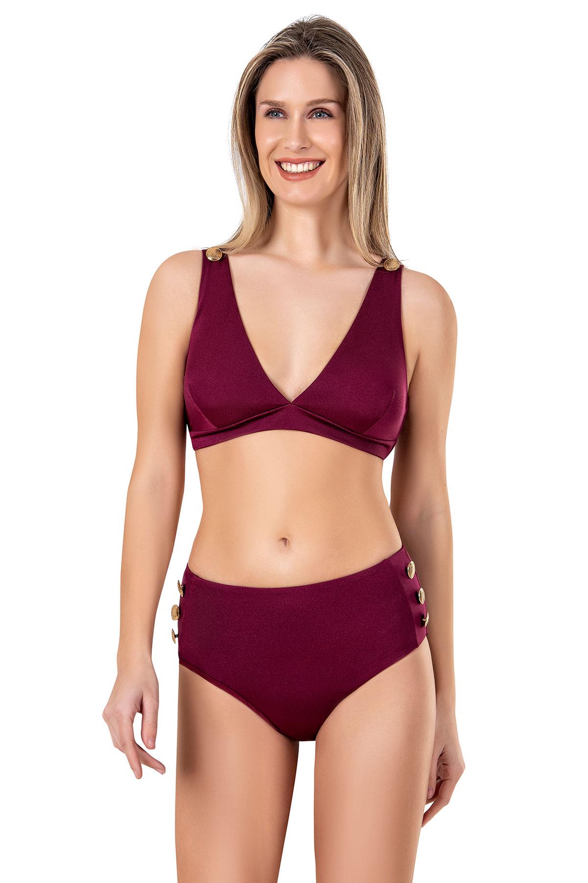 Endeep Kadın Yüksel Bel Düğme Aksesuarlı Bordo Bikini Takımı