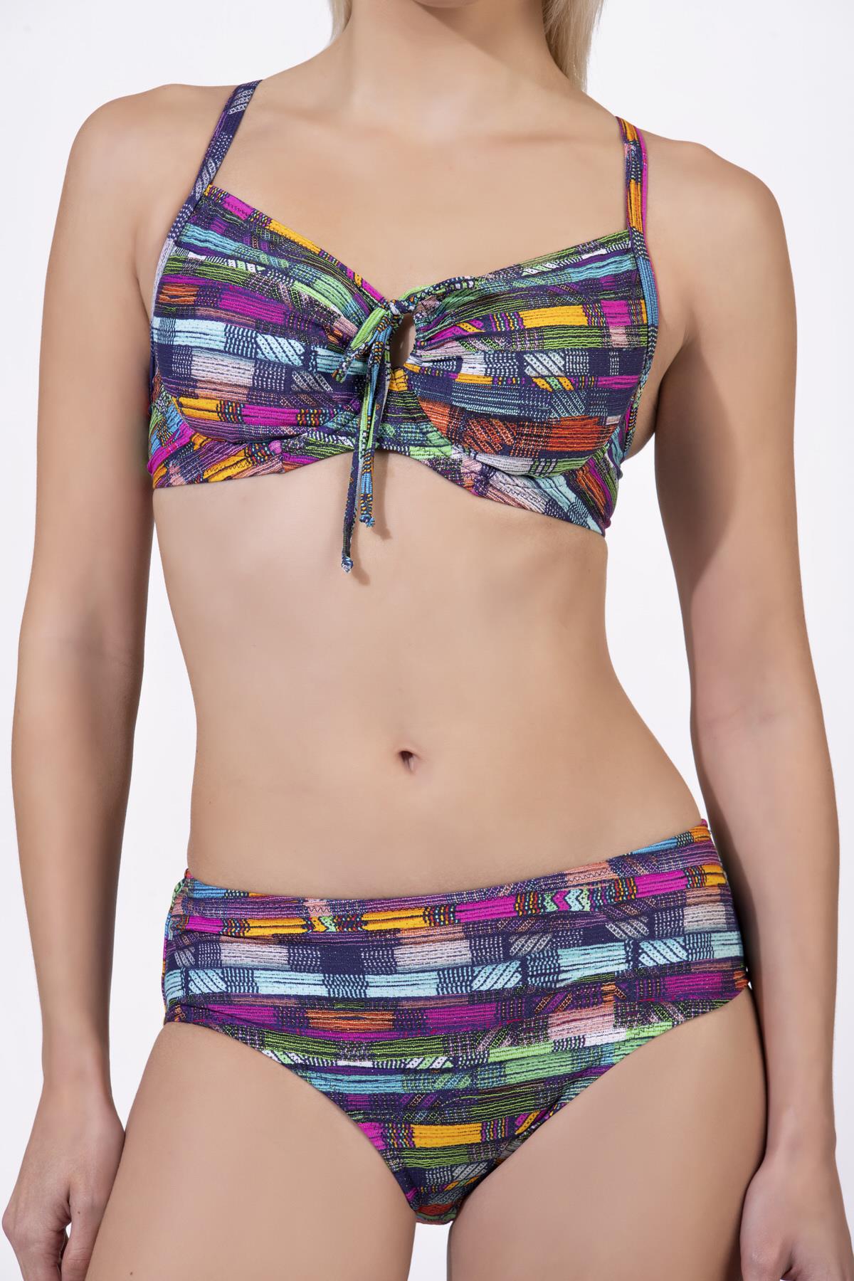 Endeep Kadın Çizgi Desenli Özel Lurex Kumaşlı Balenli Destekli Bikini Takımı