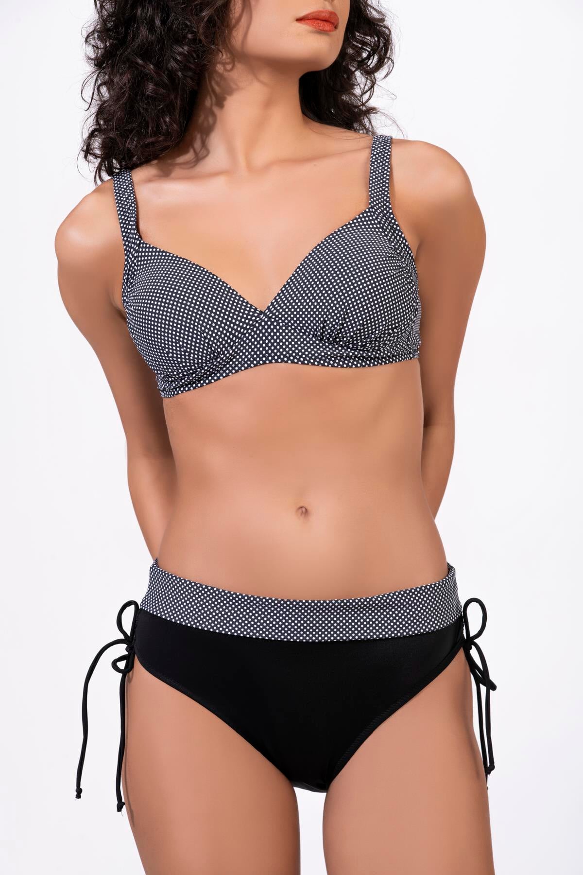 Endeep Kadın Puantiye Desenli Bağcık Detaylı Toparlayıcı Siyah Bikini Takımı
