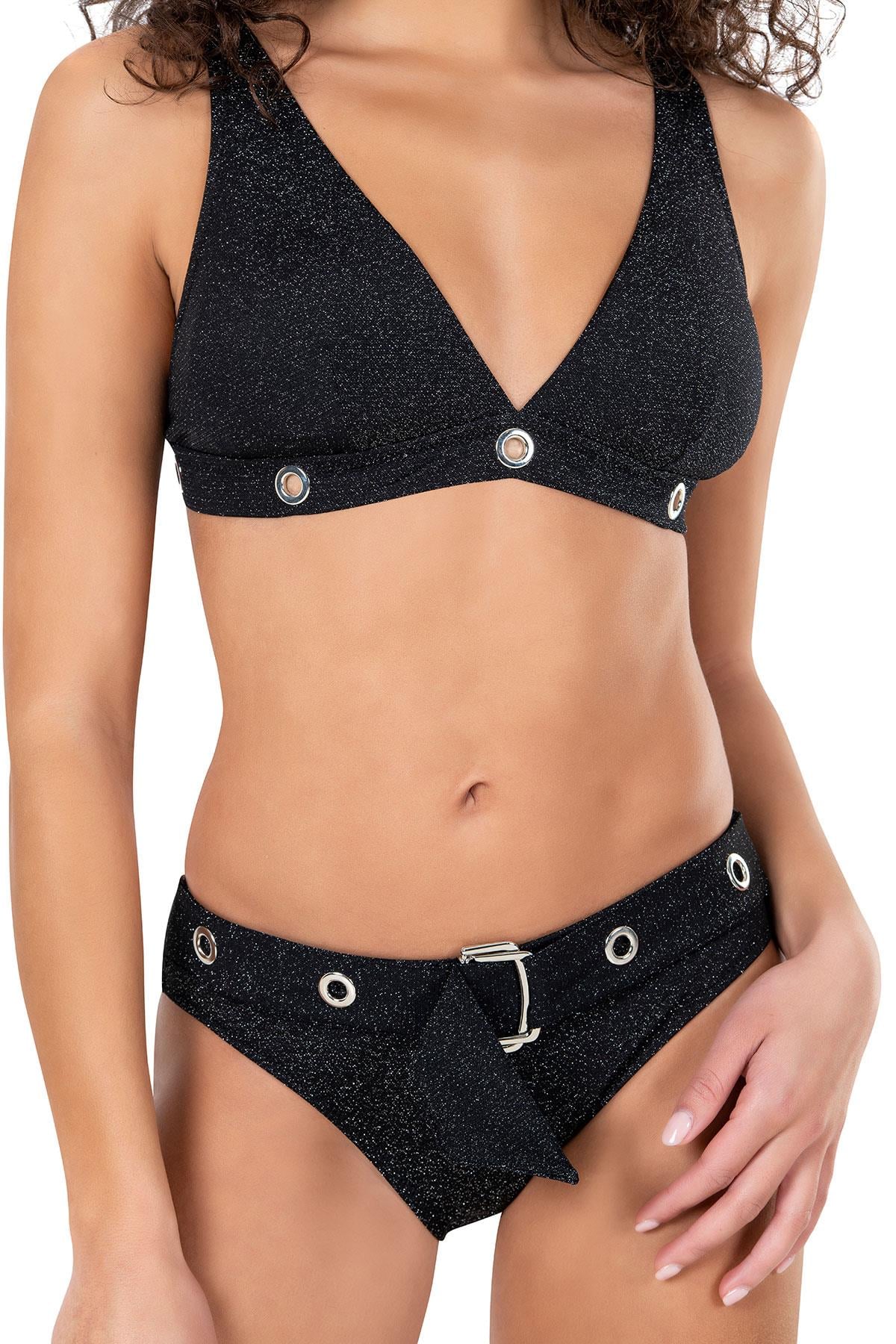Endeep Kadın Kuş Gözü Detaylı Kemerli Siyah Bikini Takımı