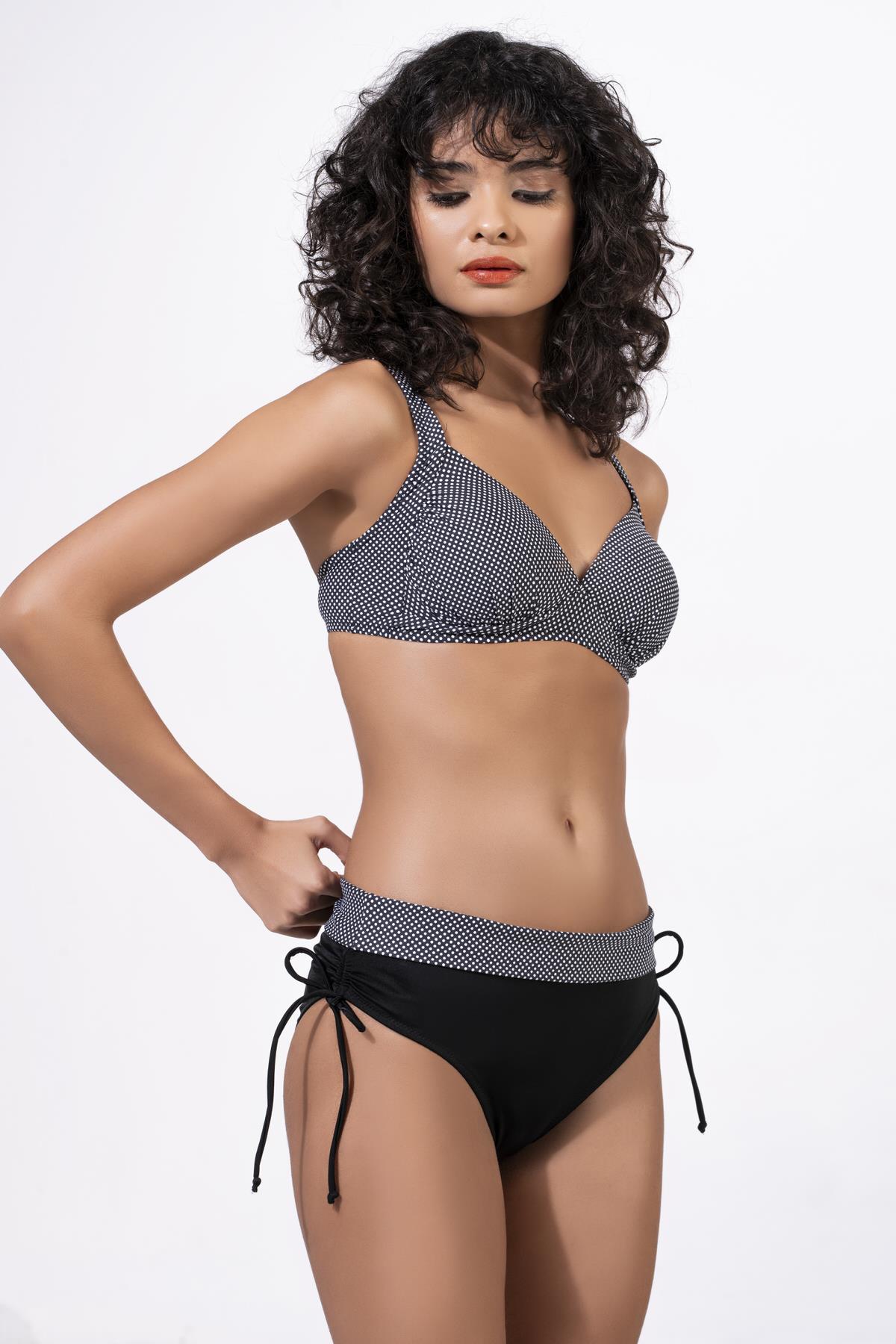 Endeep Kadın Puantiye Desenli Bağcık Detaylı Toparlayıcı Siyah Bikini Takımı