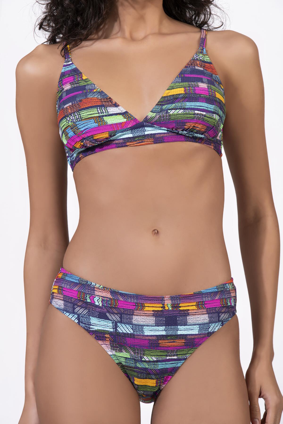 Endeep Kadın Çizgi Desenli Özel Lurex Kumaşlı Toparlayıcı Bikini Takımı