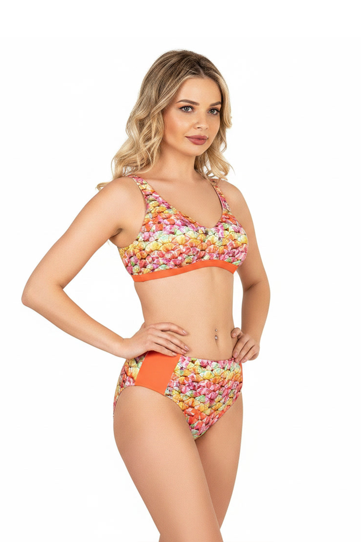 Endeep Beria Kadın Turuncu Desenli Toparlayıcı Askılı Bikini Takımı