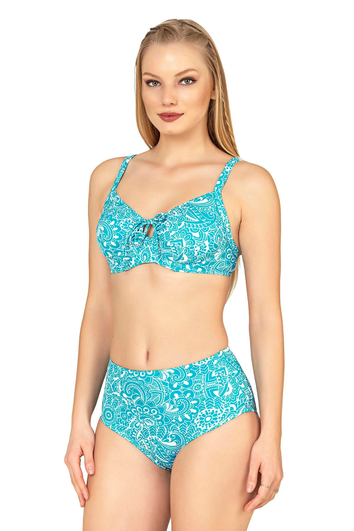 Endeep Kadın Balenli Destekli Şal Desen Yüksek Bel Bikini Takımı
