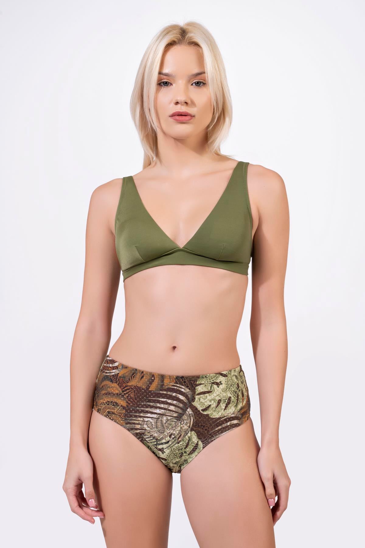 Endeep Kadın Desenli Özel Lurex Kumaş Yüksek Bel Toparlayıcı Bikini Takımı