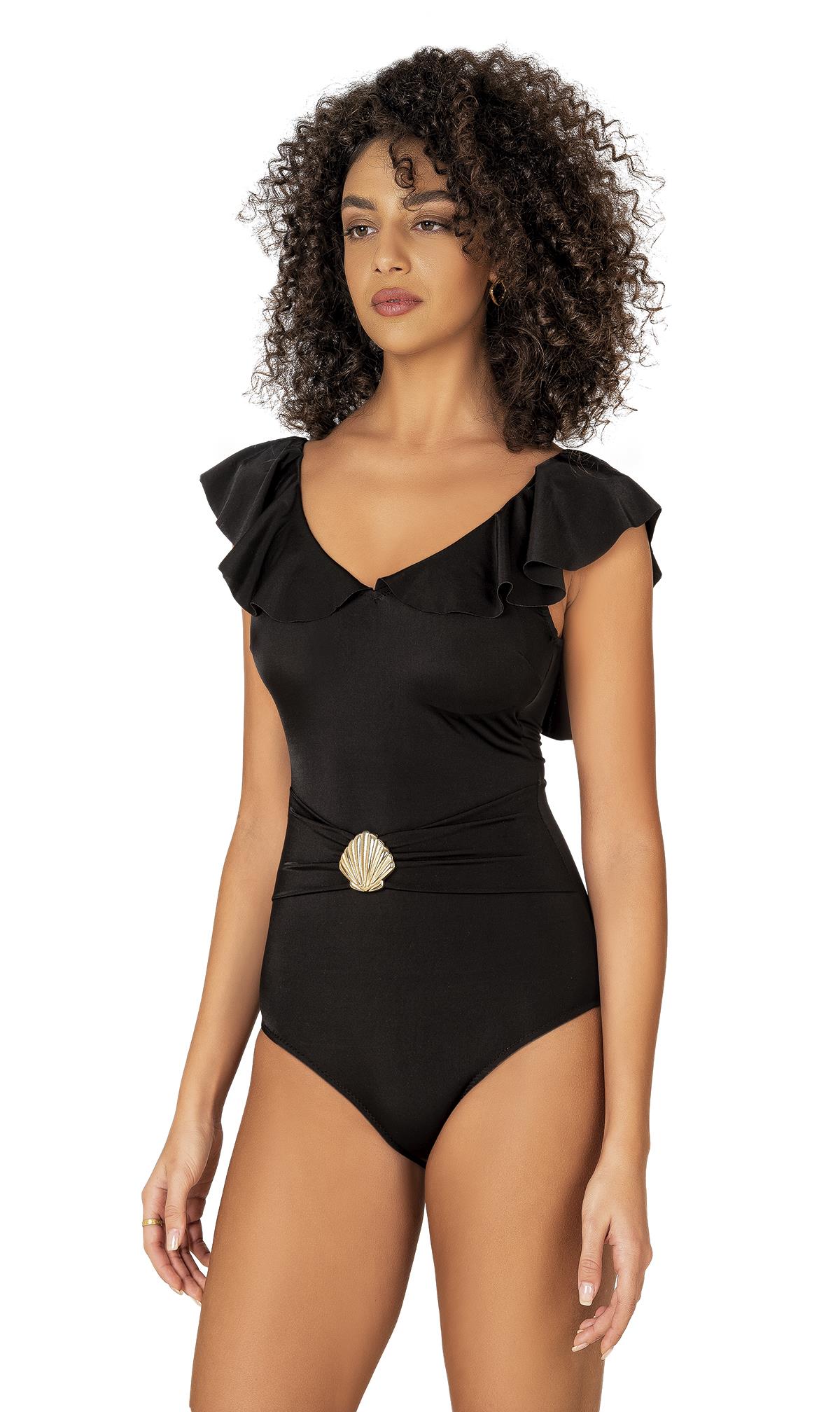 Endeep Kadın Deniz Kabuğu Aksesuarlı Toparlayıcı Volanlı Siyah Mayo