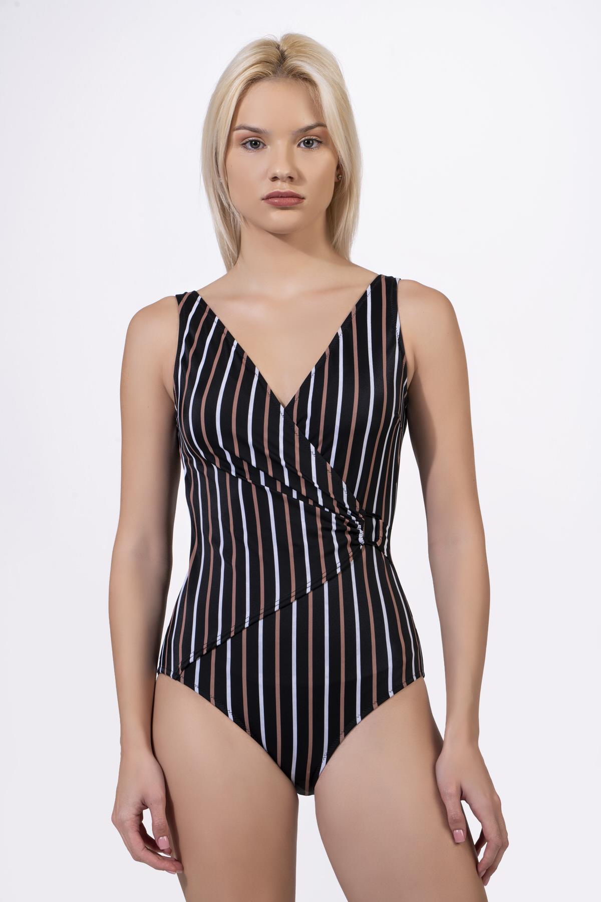 Endeep Kadın Kruvaze Çizgili Desenli Toparlayıcı Mayo