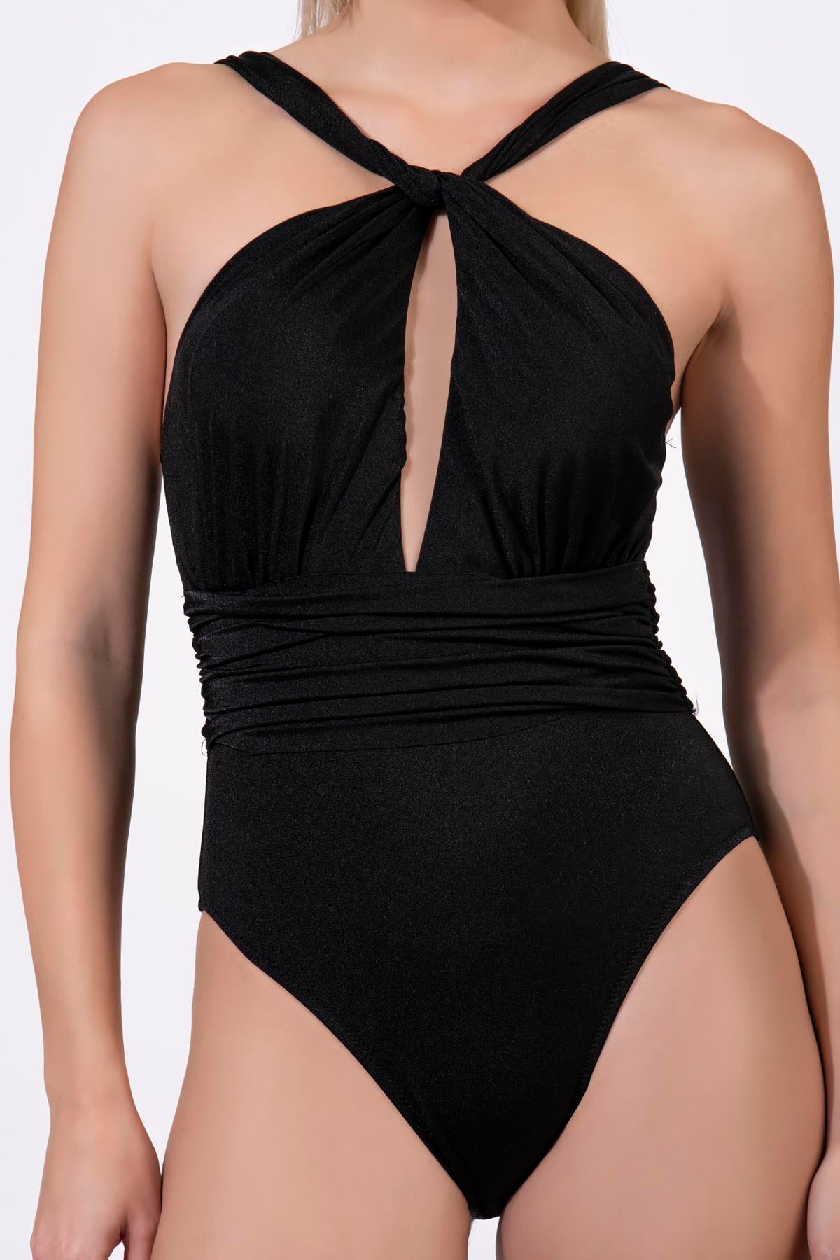 Endeep Kadın Büzgü Detaylı Siyah Mayo