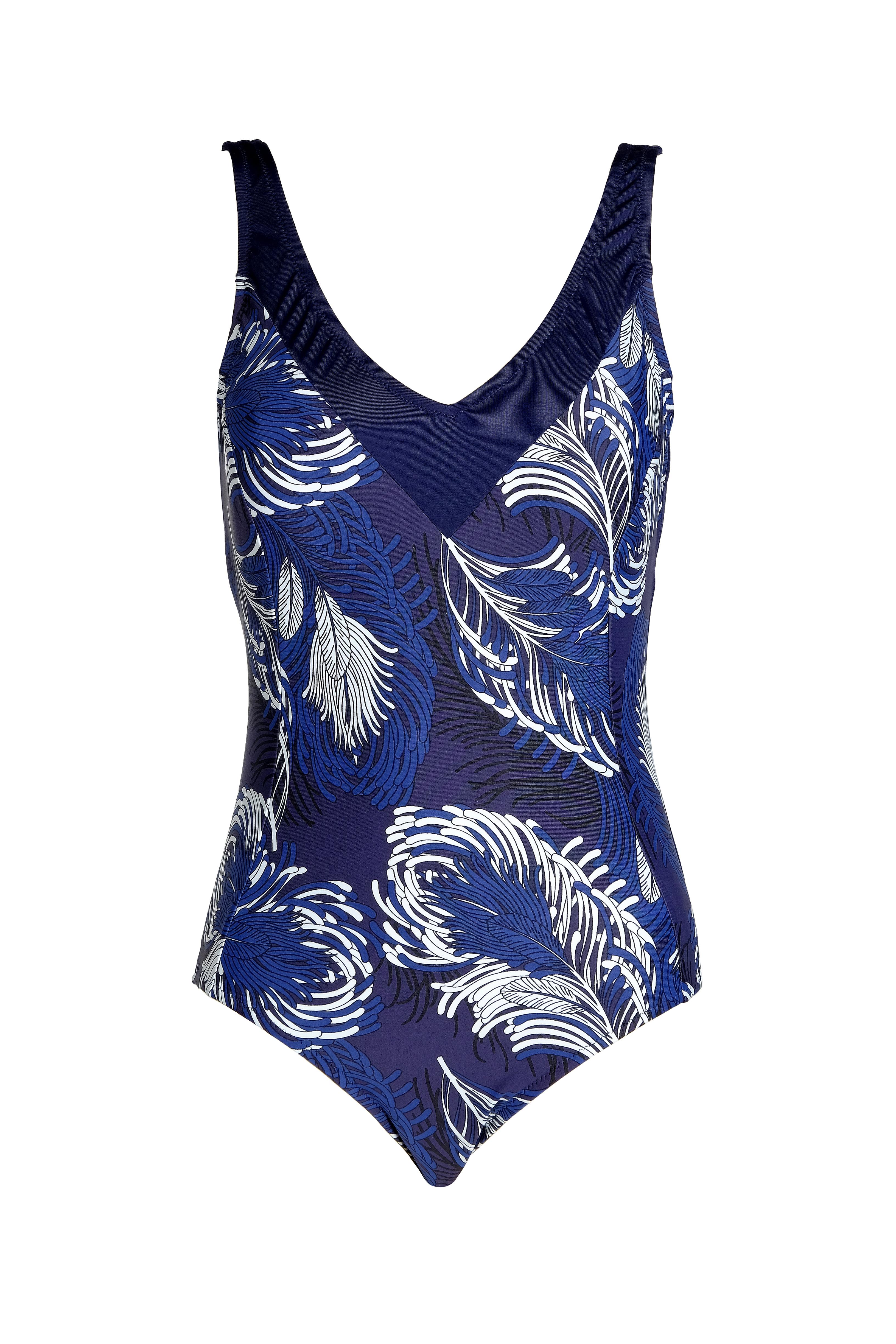 Beria Kadın Lacivert Yaprak Desenli V Yaka Toparlayıcı Mayo