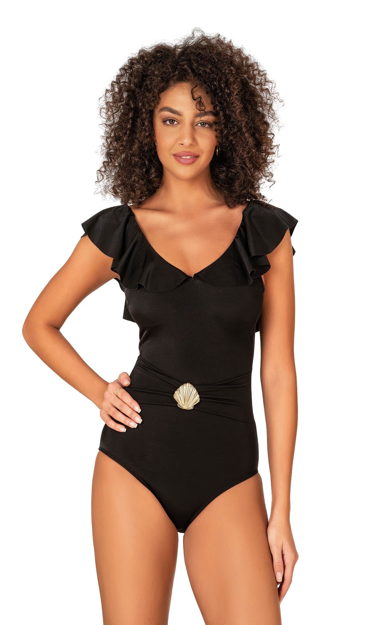 Endeep Kadın Deniz Kabuğu Aksesuarlı Toparlayıcı Volanlı Siyah Mayo