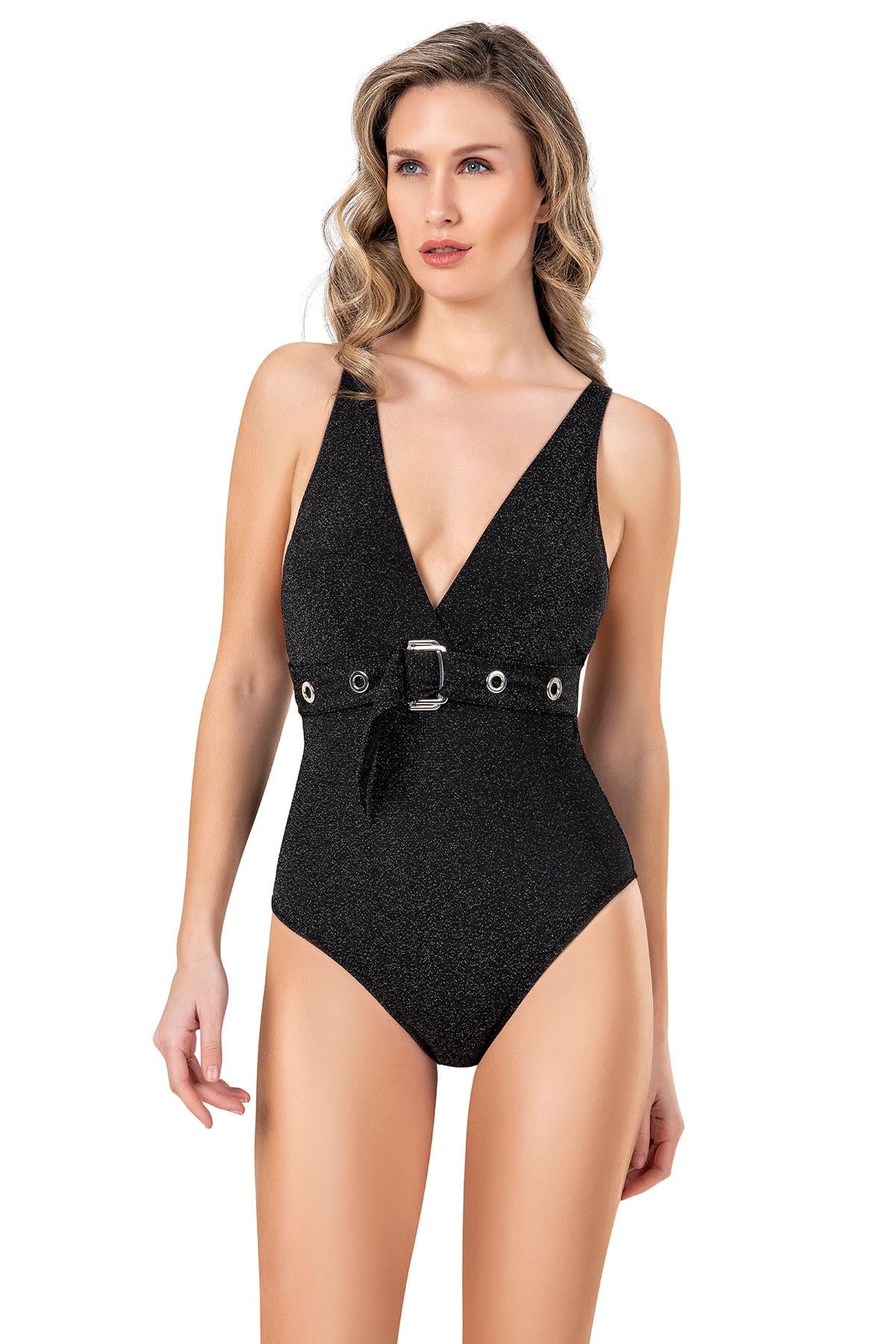 Endeep Kadın Kuş Gözü Detaylı Kemerli Siyah Mayo