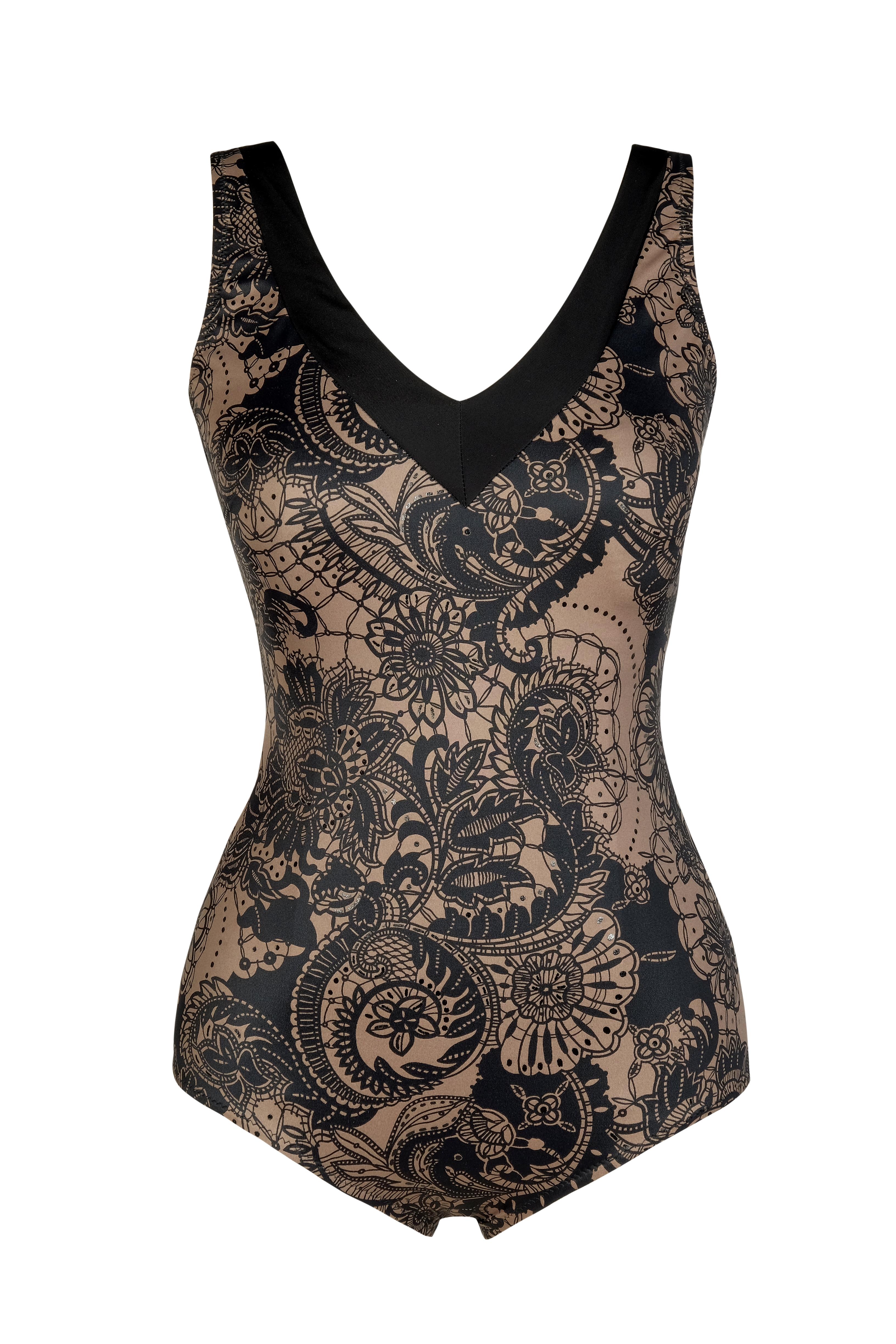 Endeep Kadın V Yaka Kahve Desenli Varaklı Toparlayıcı Mayo