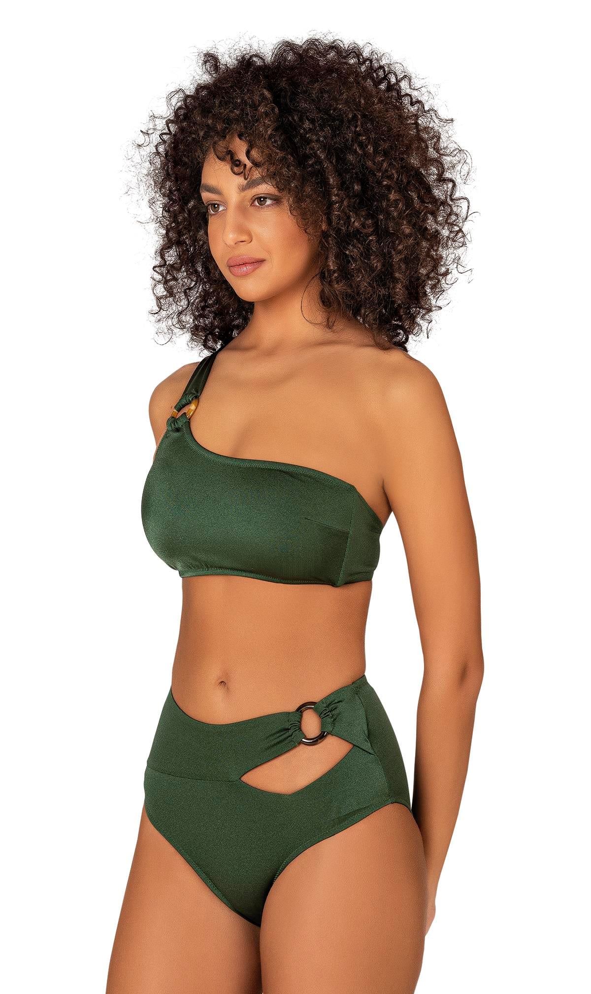 Endeep Kadın Halka Aksesuarlı Tek Omuz Yeşil Bikini Takımı
