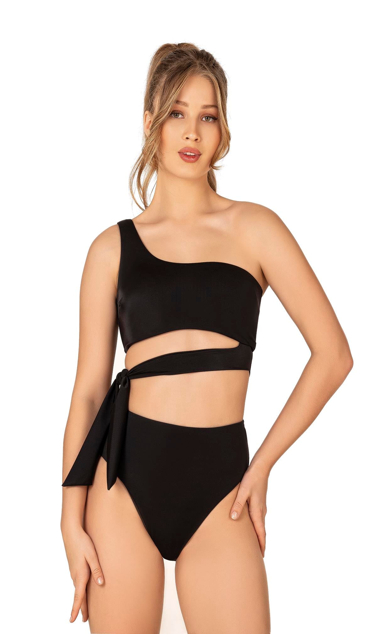 Endeep Kadın Yüksek Bel Yan Bağlama Detaylı Siyah Bikini Takımı