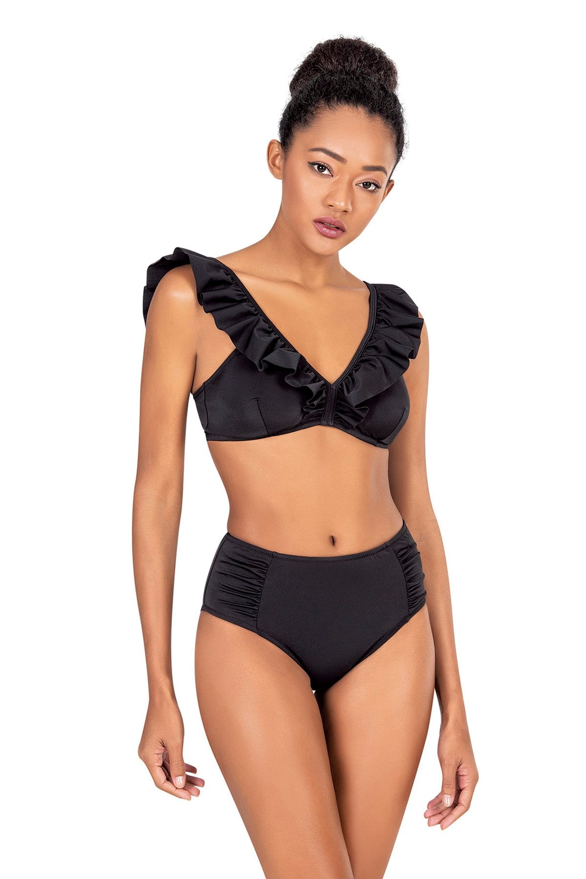 Endeep Kadın Yüksek Bel Fırfırlı Siyah Bikini Takımı