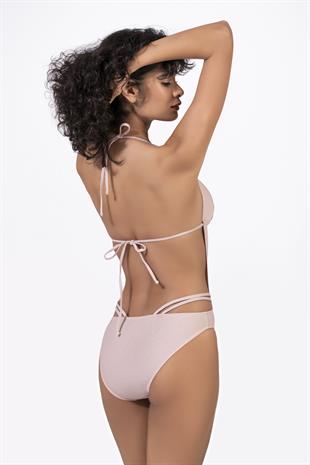 Endeep Kadın Yarım Dolgulu Boyundan Bağlamalı Aksesuarlı Simli Pembe Mayokini